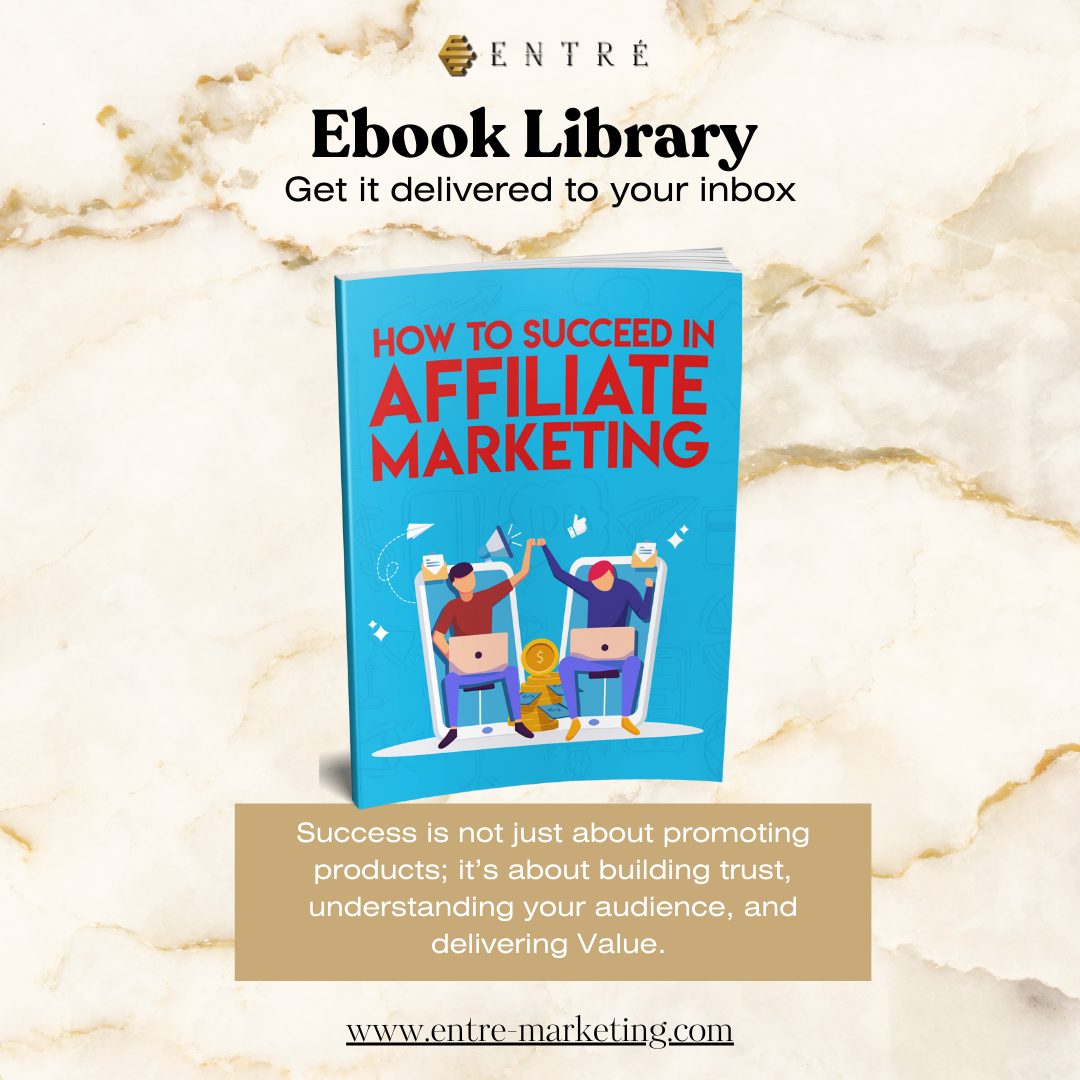 Promotional ebook cover for 'How to Succeed in Affiliate Marketing' by Entre Marketing, featuring an illustration of two people on a bridge with a digital marketing theme.