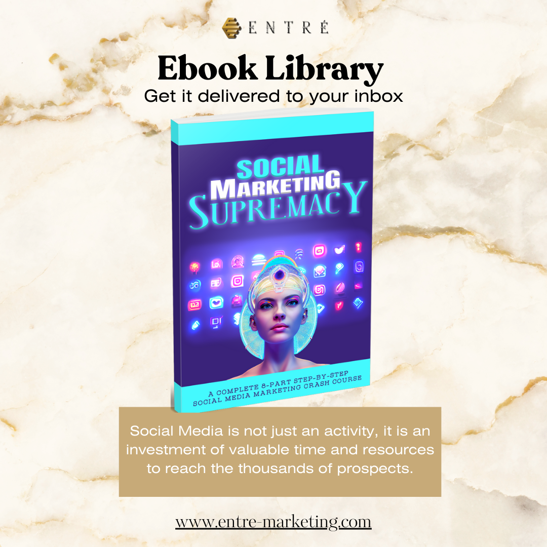 Promotional image for an eBook titled 'Social Marketing Supremacy', featuring a person's face superimposed on a statistical graphic, indicating a focus on social media marketing.
