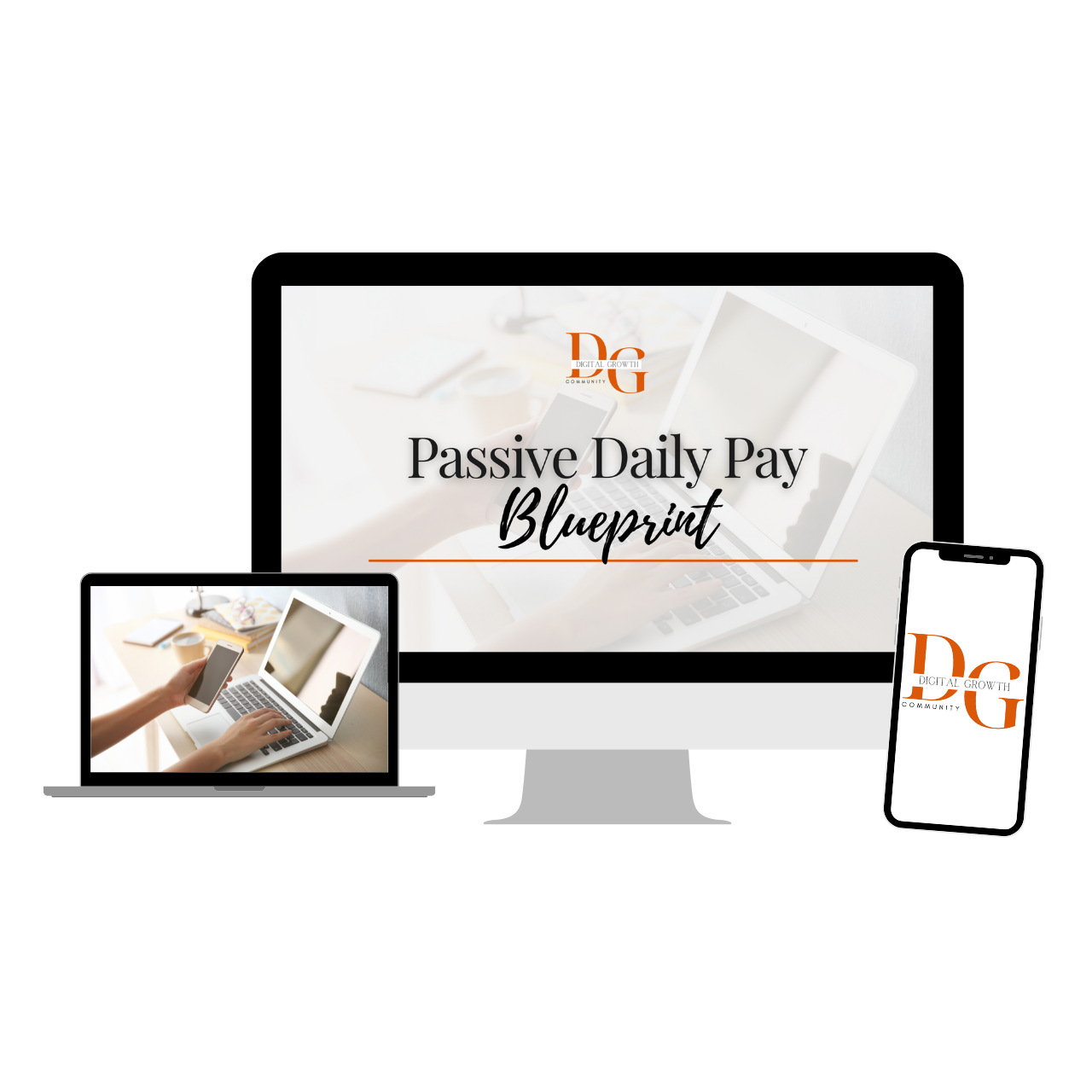 A promotional image featuring a blueprint program called 'Passive Daily Pay Blueprint' displayed on a large screen with a mobile phone and a laptop showing the same content.