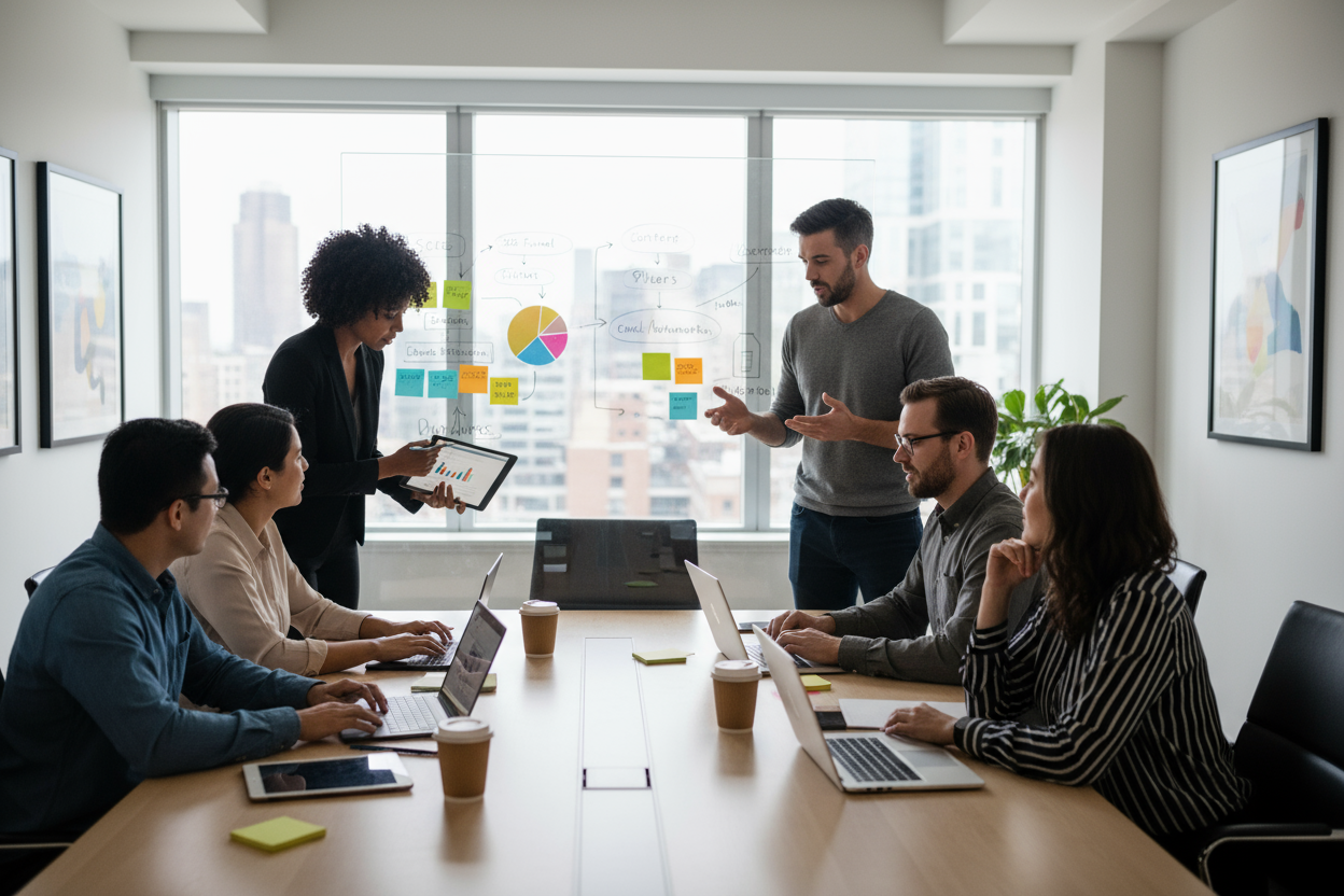 Real People planning and brainstorming to discuss optimizing and planning a business' digital marketing plan of action