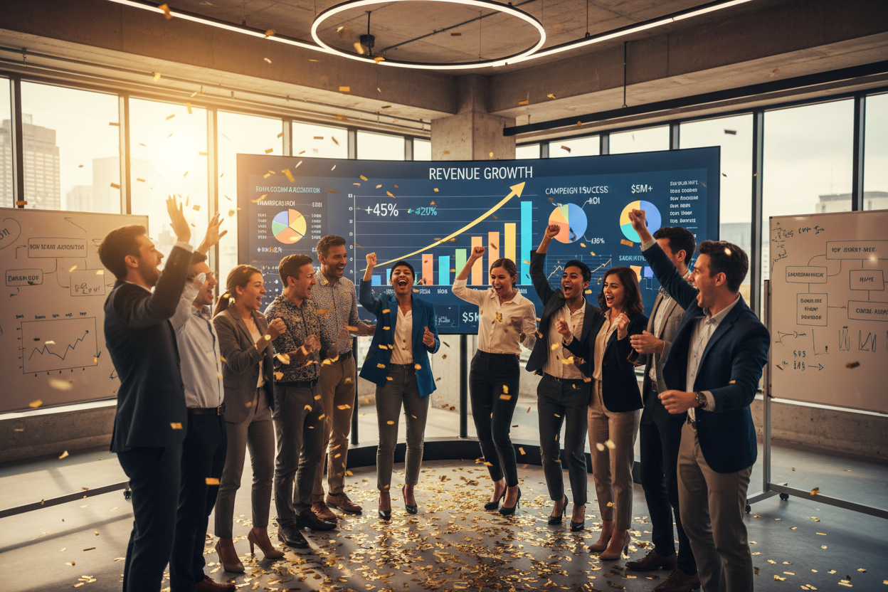 Using the same people as the previous output, generate an image showing a more celebratory image focusing on maximizing the marketing efforts to revenue generation. 