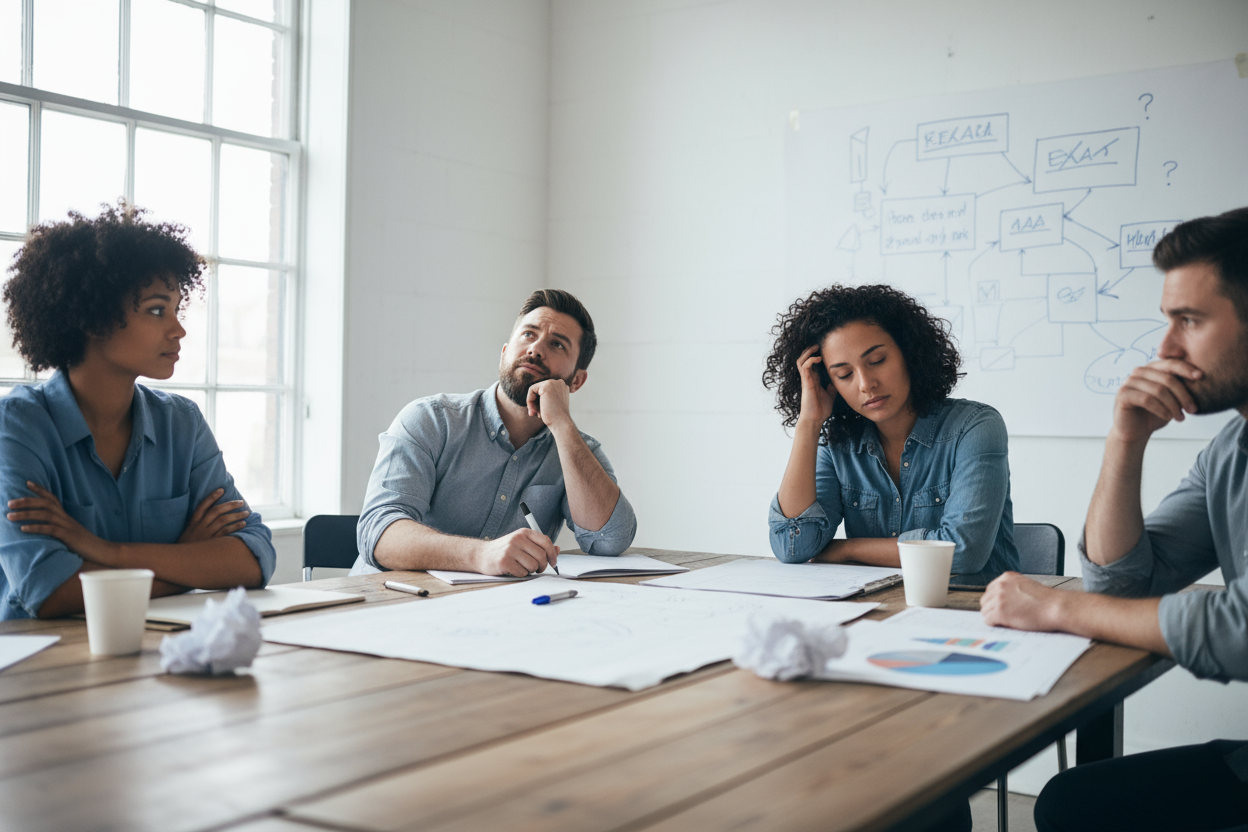 using the same people from the first image generated, generate a more simple planning, brainstorming image with less people trying to identify the problems, deep in thought, head scratching problem olving demeanor