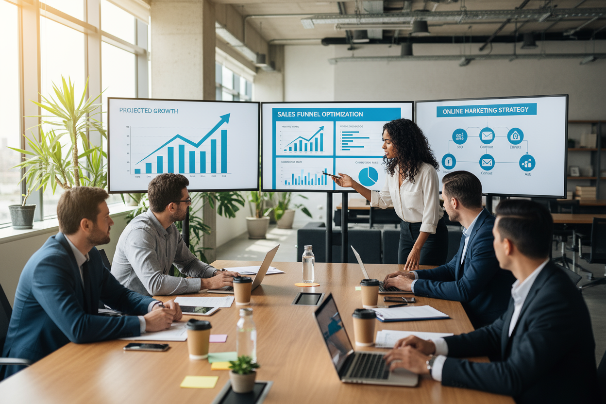 Using the same people from the first output, generate an image focusing on strategizing to grow a business online