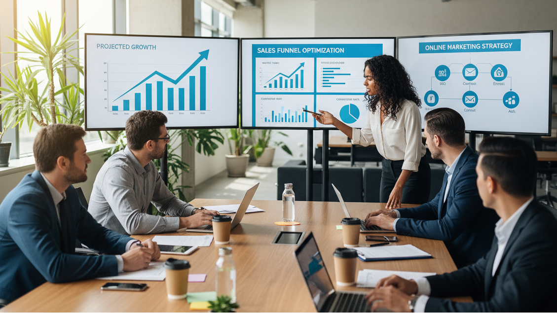 Using the same people from the first output, generate an image focusing on strategizing to grow a business online